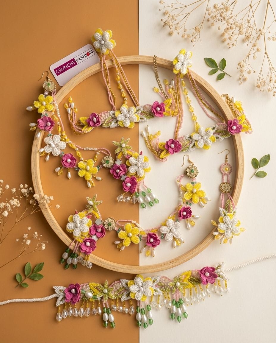 Blooming Pastel - 3D Floral Handmade Haldi Mehndi Bridal Jewelry Set