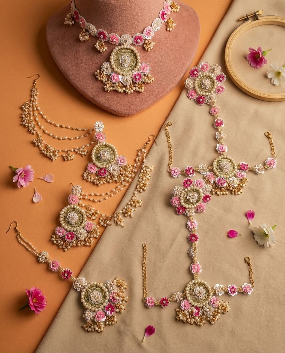 Bespoke Bloom: Hot & Baby Pink, Beaded Wedding & Carnival Jewelry Set