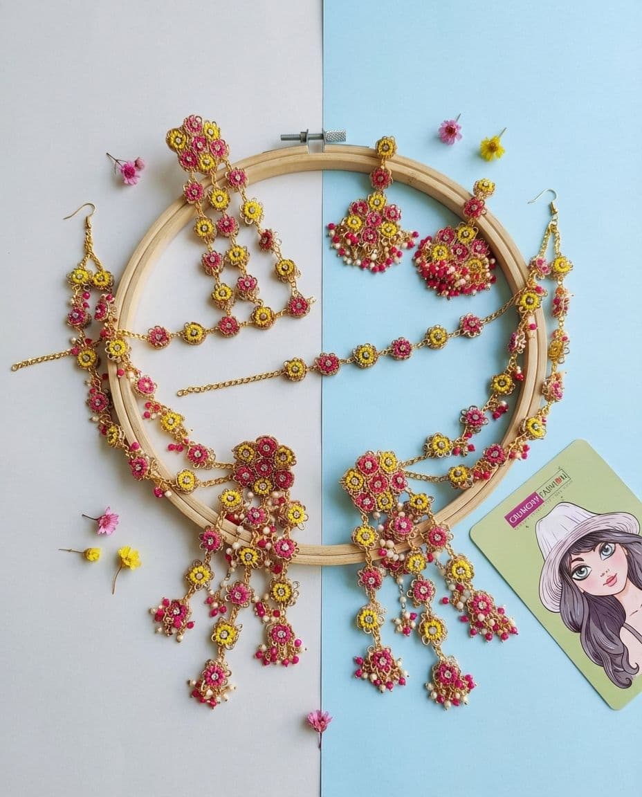 Pink & Yellow Floral Beaded Jewelry for Bridal & Carnival