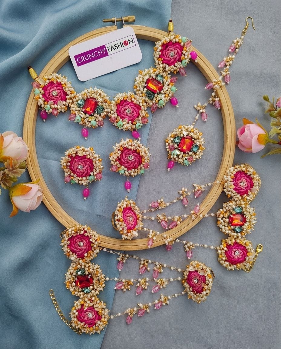 Floral Fiesta: Pink Rose Handmade Designer Haldi Jewellery for Brides