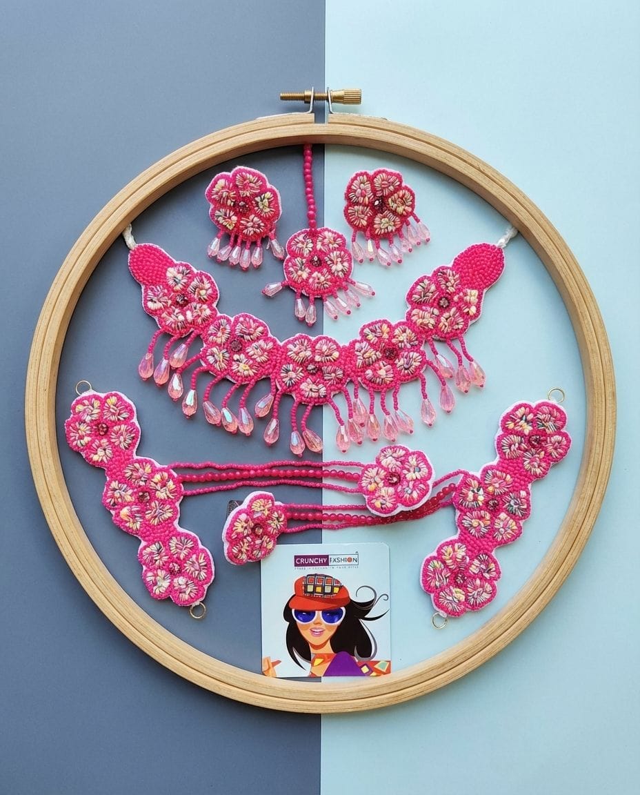 Handcrafted Floral Haldi Bridal Jewelry Set with Red and White Pearls