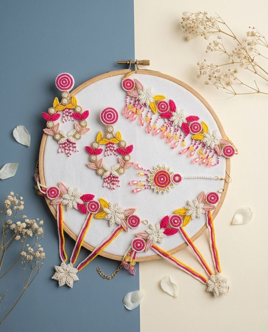 Handmade Pink Floral Haldi Jewellery Set with Crystal Drops