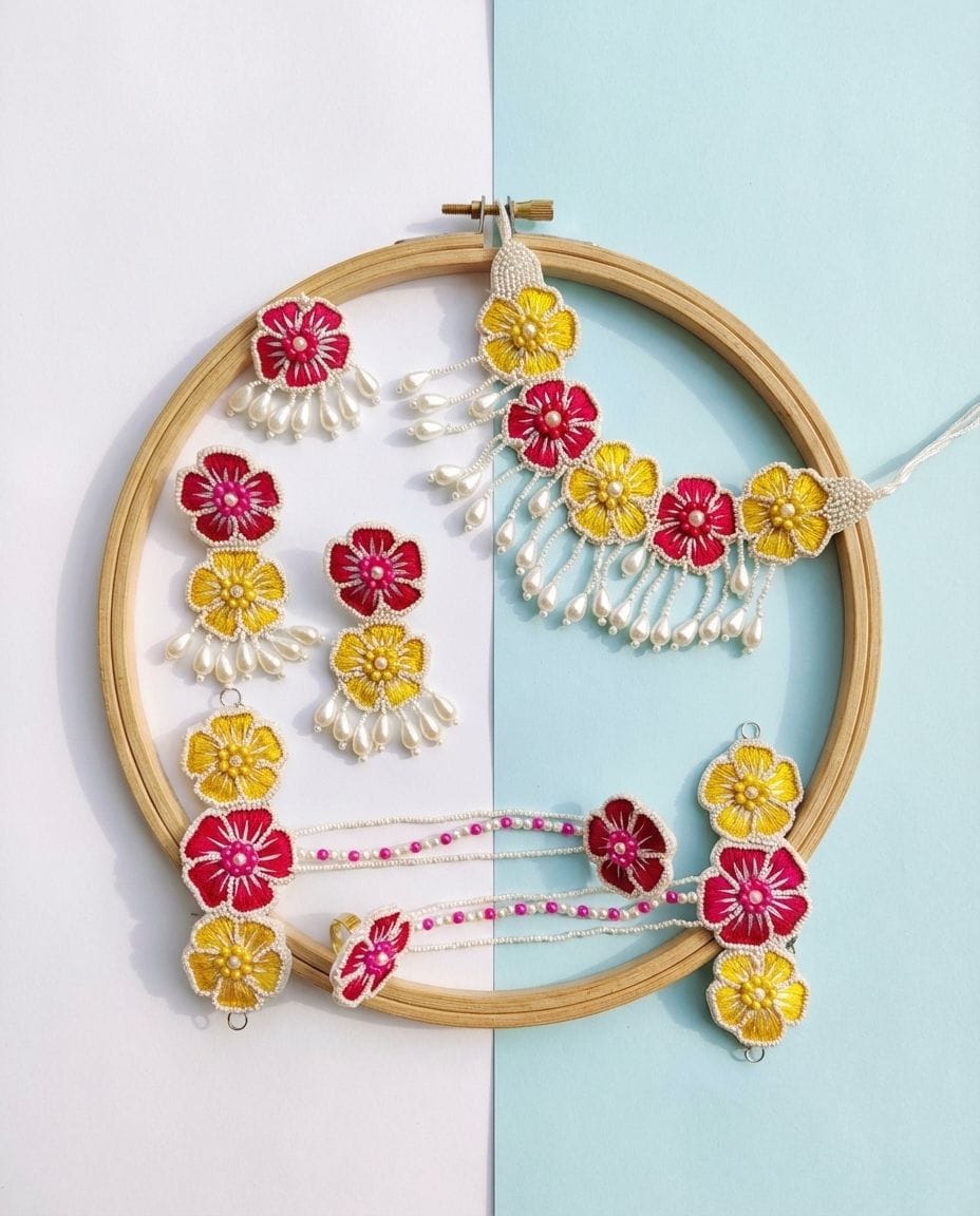 Sylvan Elegance - Handmade Pink Flower Jewellery Set for Haldi Events