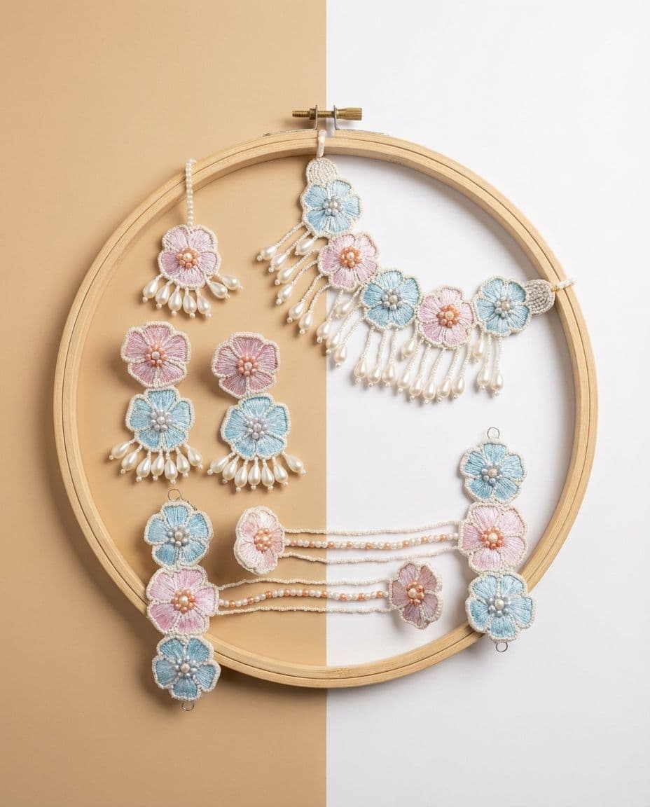 Contemporary Sky-Blue Handmade Floral Base Beads Jewellery Sets - Ideal Haldi Necklace for Women