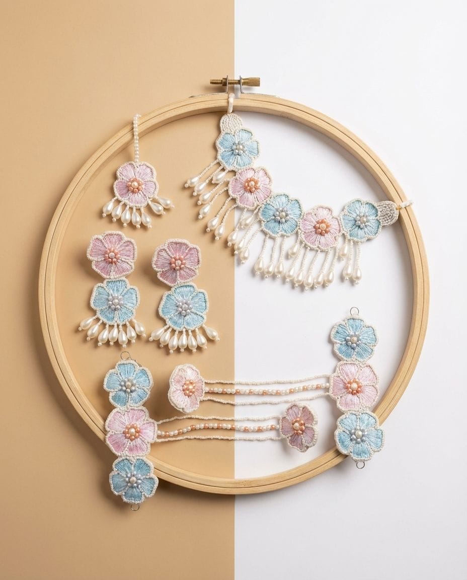 Contemporary Sky-Blue Handmade Floral Base Beads Jewellery Sets - Ideal Haldi Necklace for Women