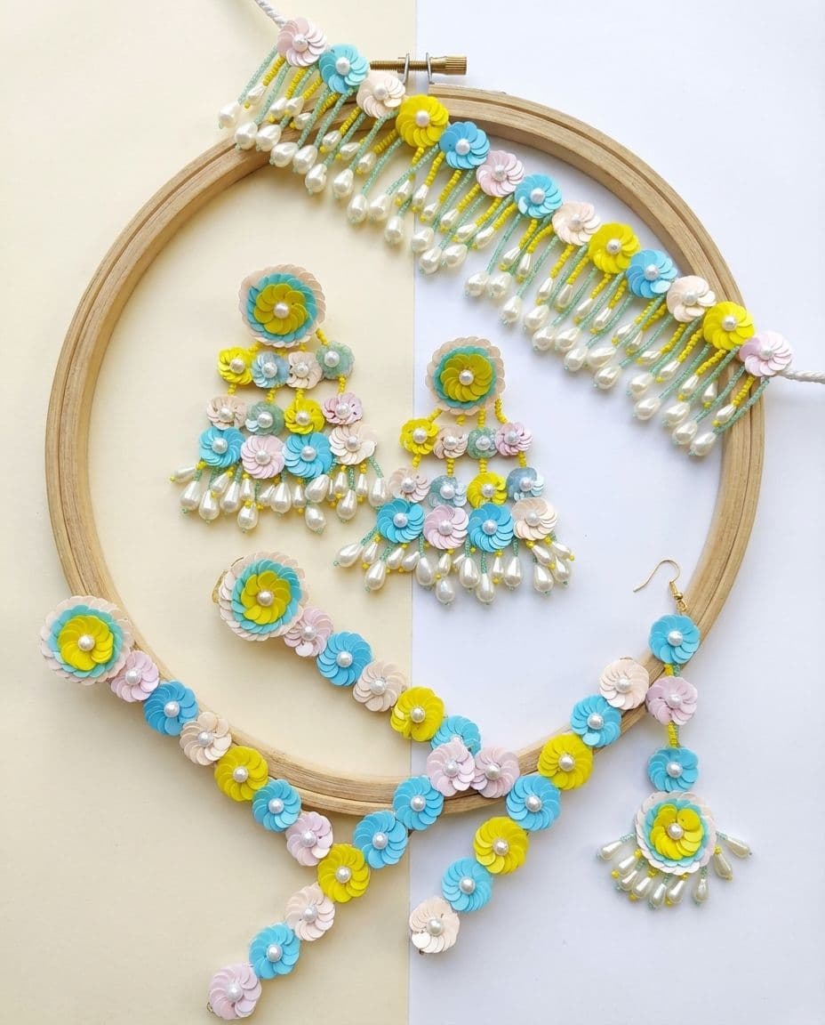 Exquisite Handmade Blue, Pink, Yellow Floral Beaded Jewelry Ensemble for Haldi