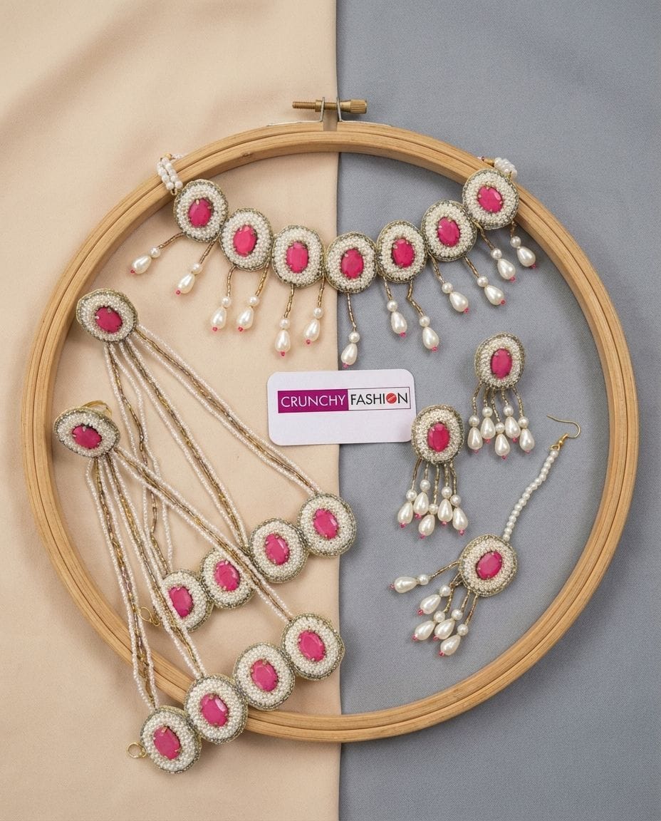 Nitara Haldi Floral Elegance - Pink Crystal Pearl Bridal Jewelry Set