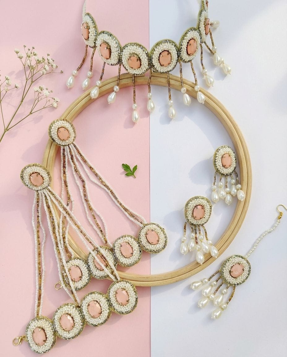Nitara's Peach Crystal Pearl Floral Jewelry Set - Ideal for Haldi