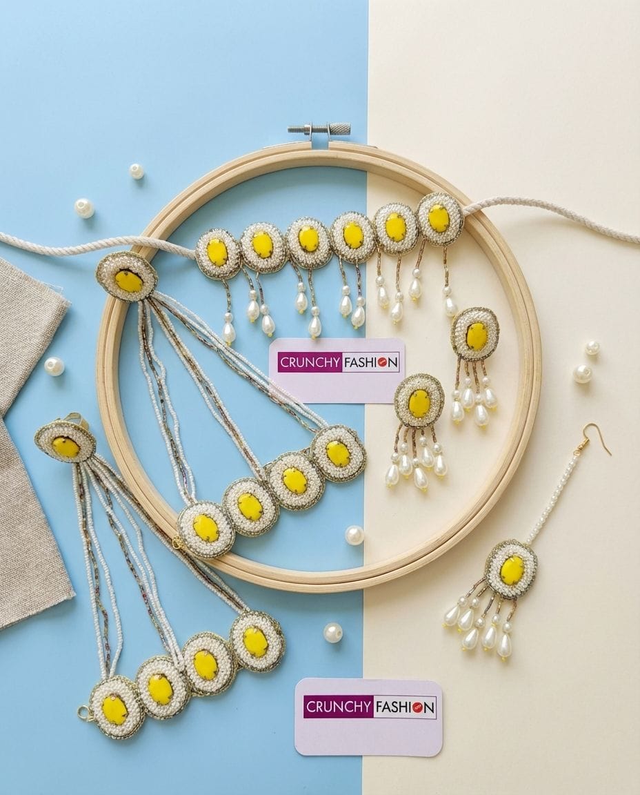 Nitara's Floral Yellow Pearl Bridal Jewelry Set for Special Occasions