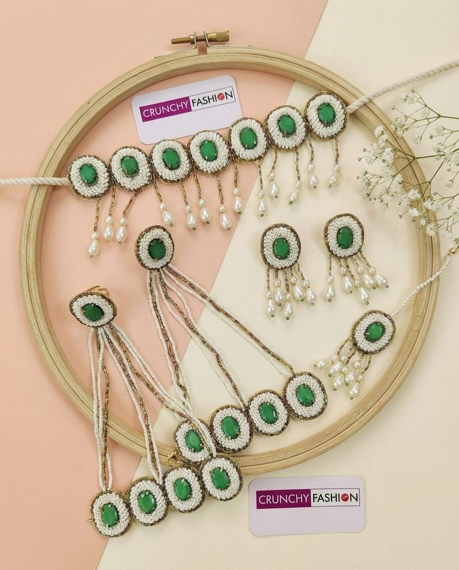 Floral Green Crystal Pearl Bridal Set Haldi & Mehndi Occasions