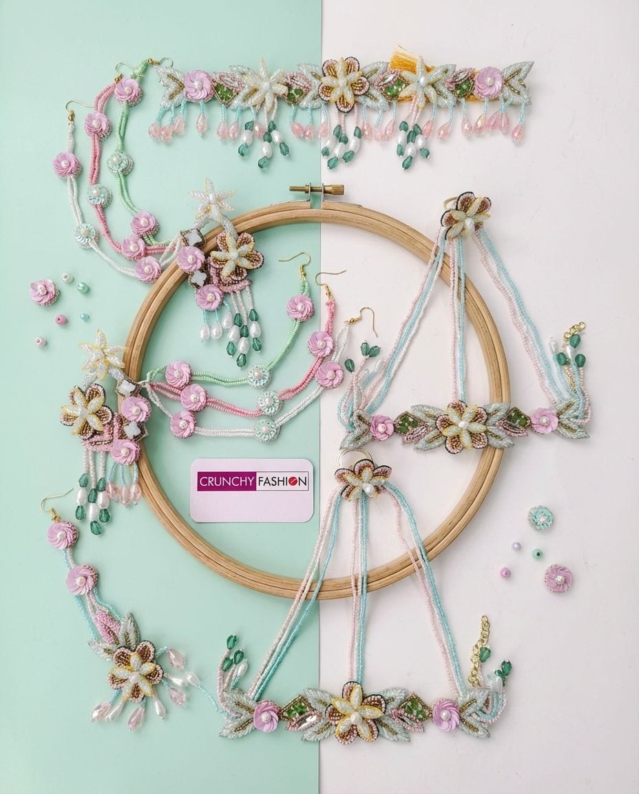 Pastel Hues Floral Bridal Haldi Mehndi Jewelry Set Handmade Accessory