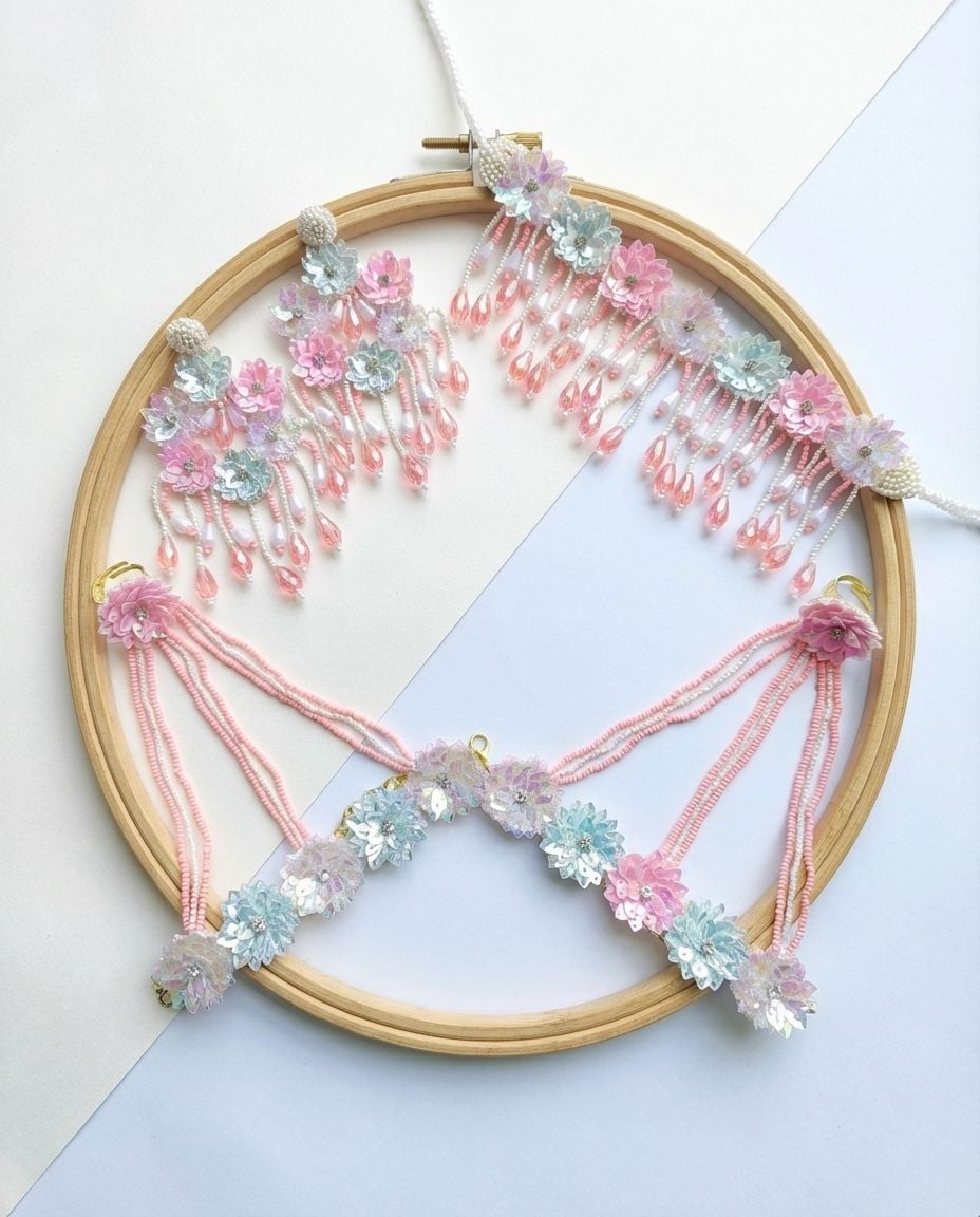 Pastel Pink & Blue Floral Haldi Jewellery Set with Crystal Drops
