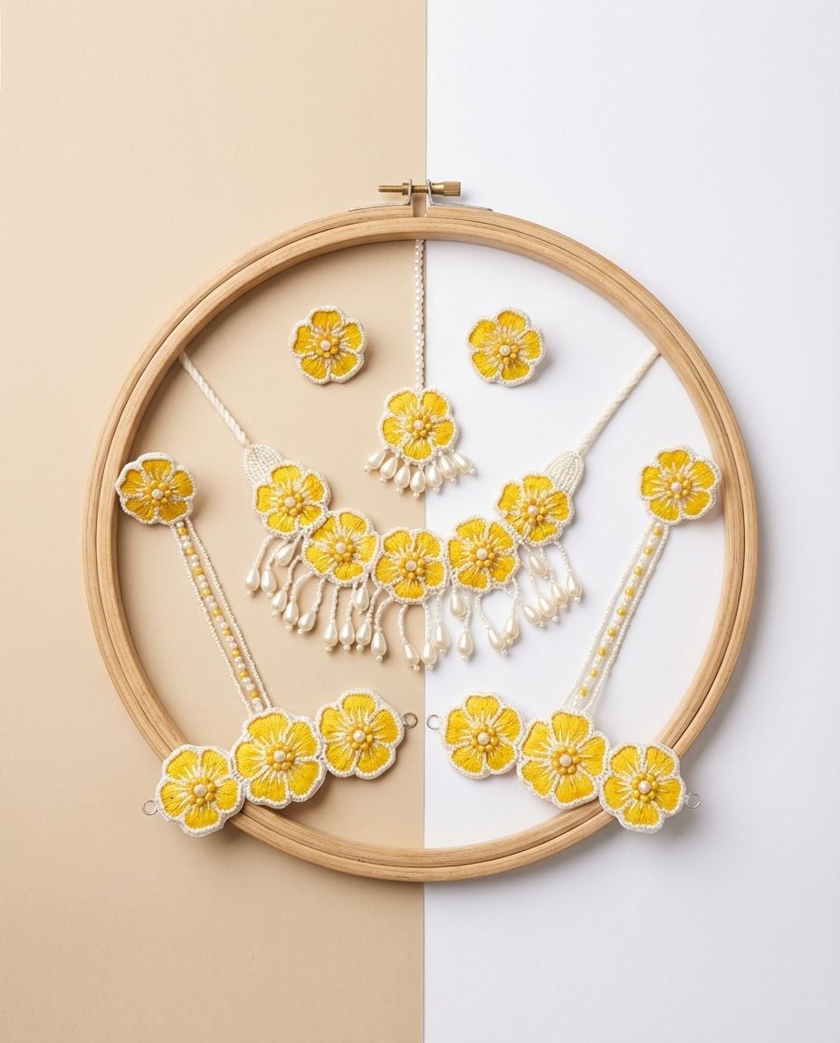 Handmade Yellow Floral Haldi Jewellery Set with Pearl Drops