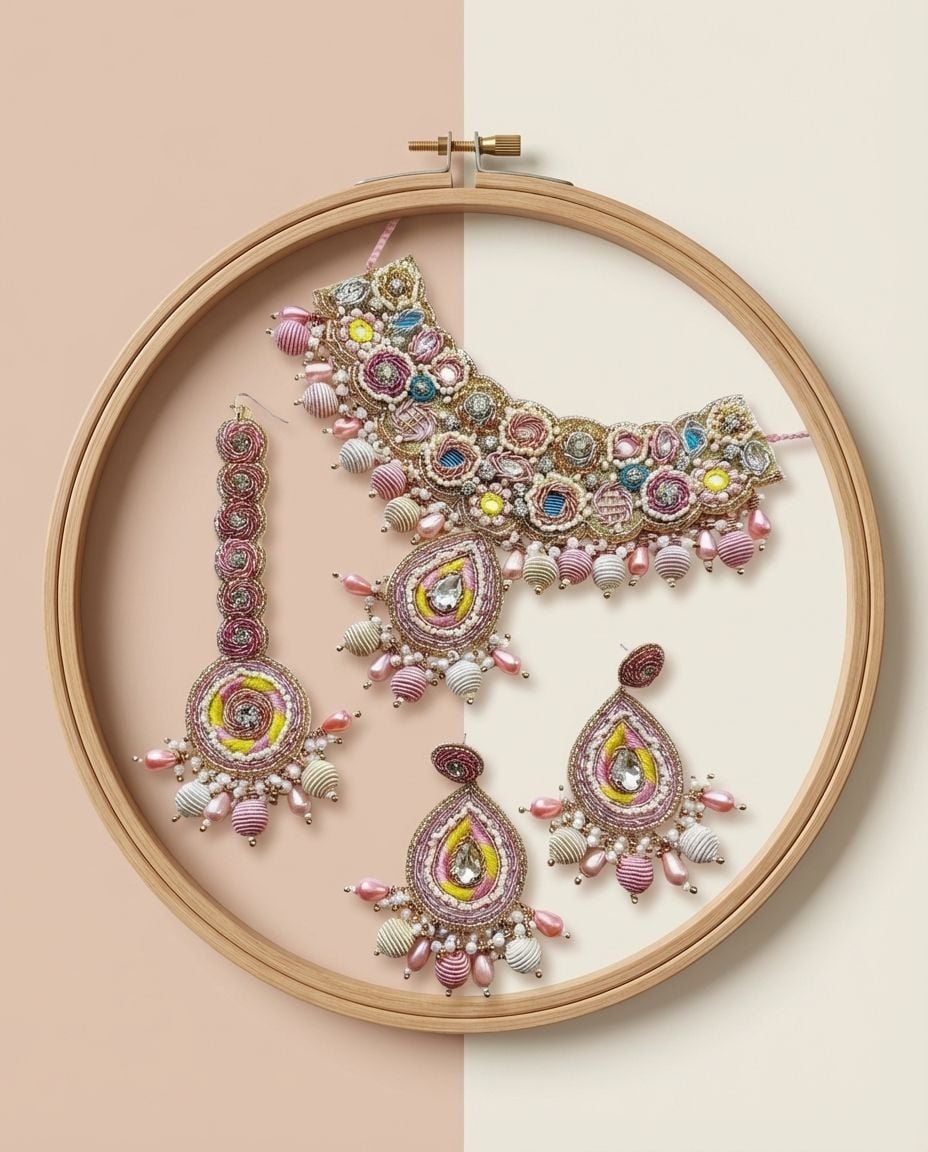 Pink Floral handmade Jewellery Set for Haldi & mehndi