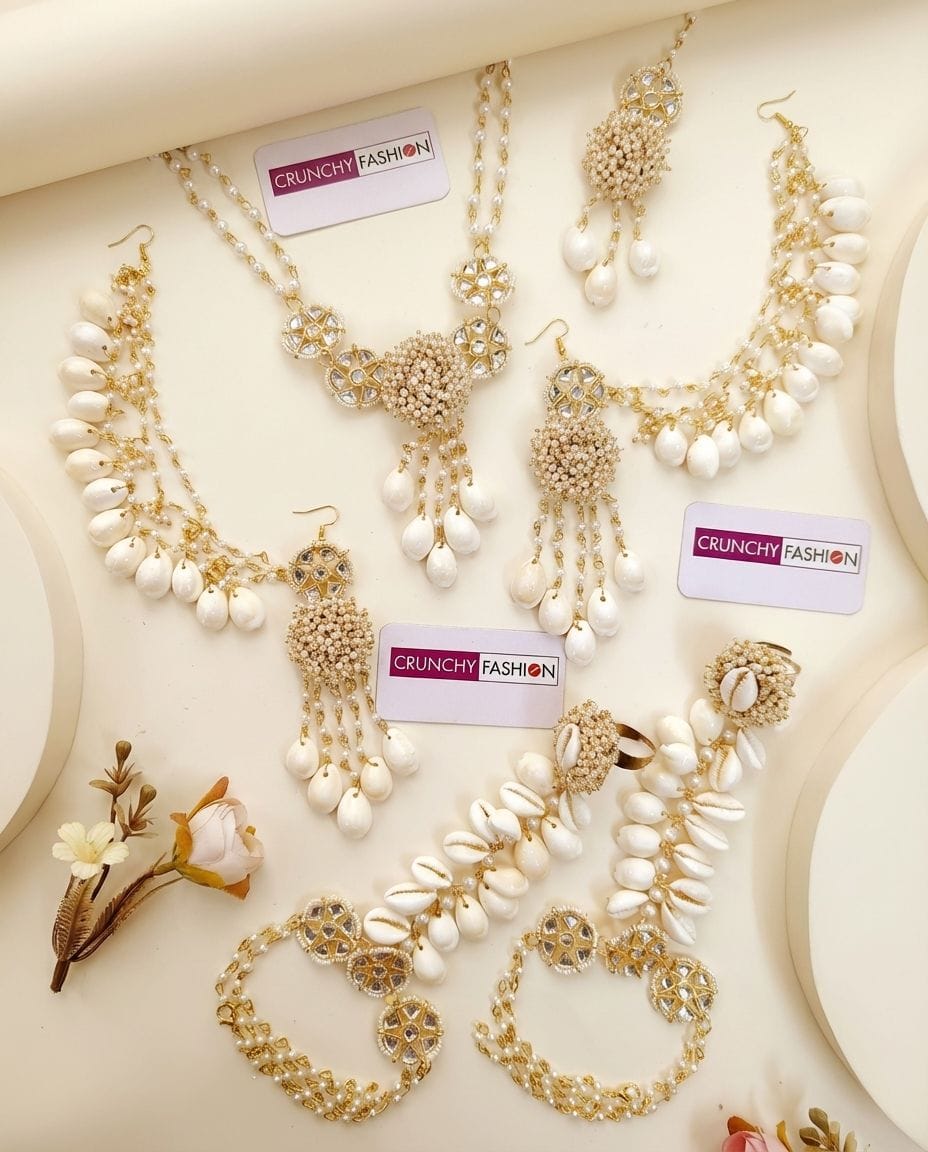 Lavender Bloom: Handmade Gold-Plated Sea Shell and White Pearl Jewellery Set for Haldi Occasion