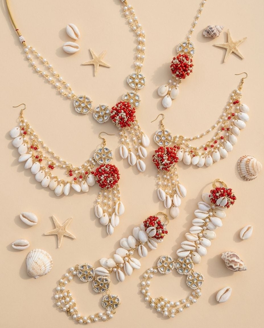 Red & White Cowrie Shell Statement Necklace Set with Earrings