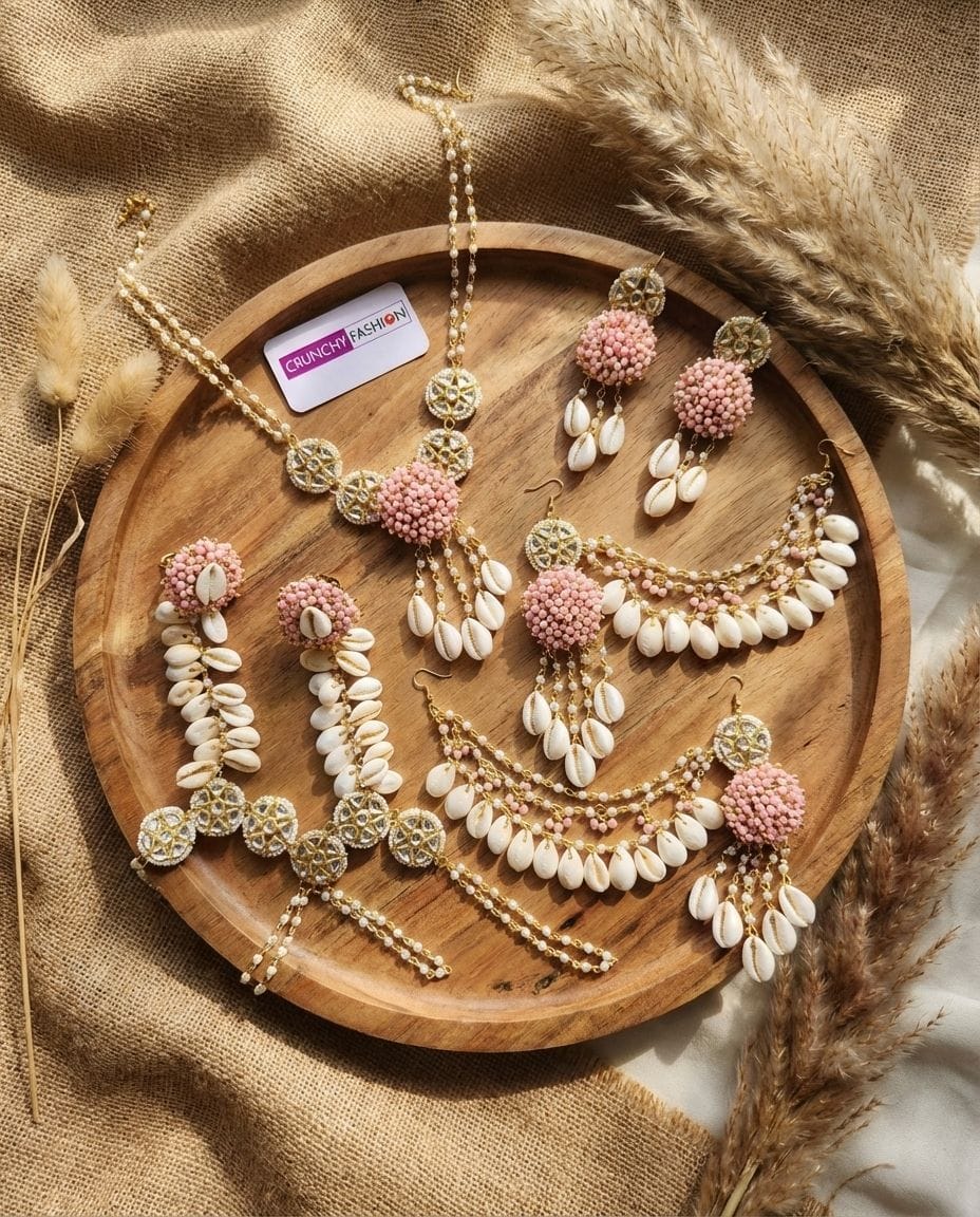 Lavender Blossom: Gold Plated Sea Shell & Pink Pearl Haldi Jewellery