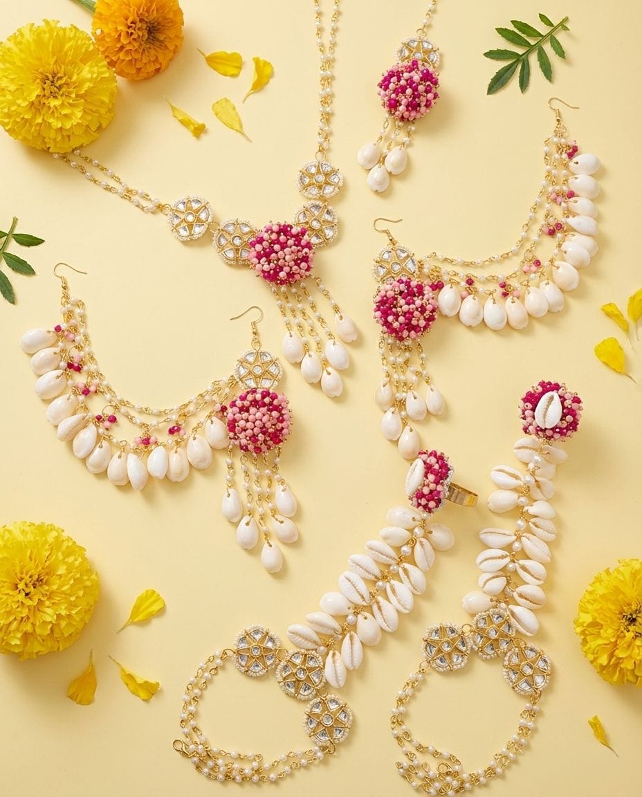 Lavender Glow Sea Shell & Pearl Haldi Mehndi Jewellery Set
