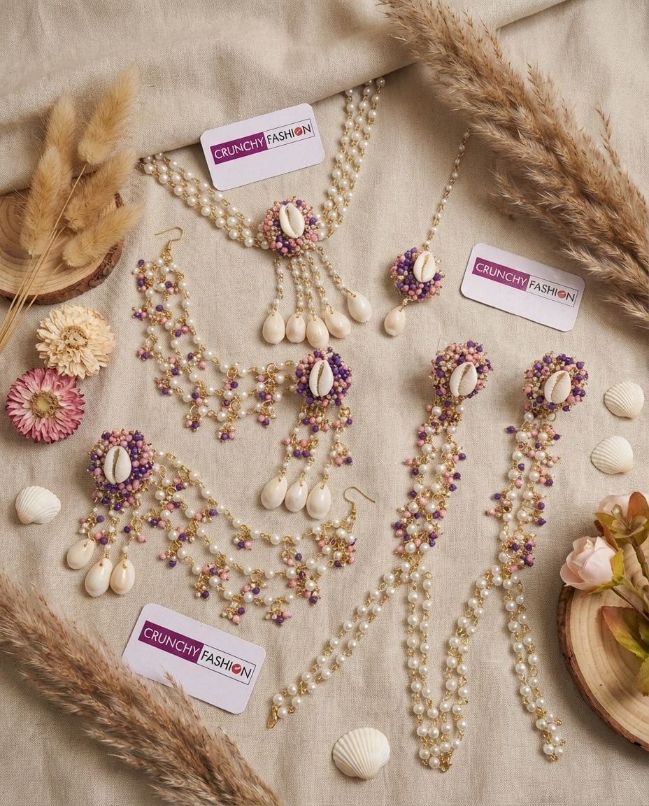 Lavender-Pink Pearl & Sea Shell Haldi Mehndi Jewelry Set for Women