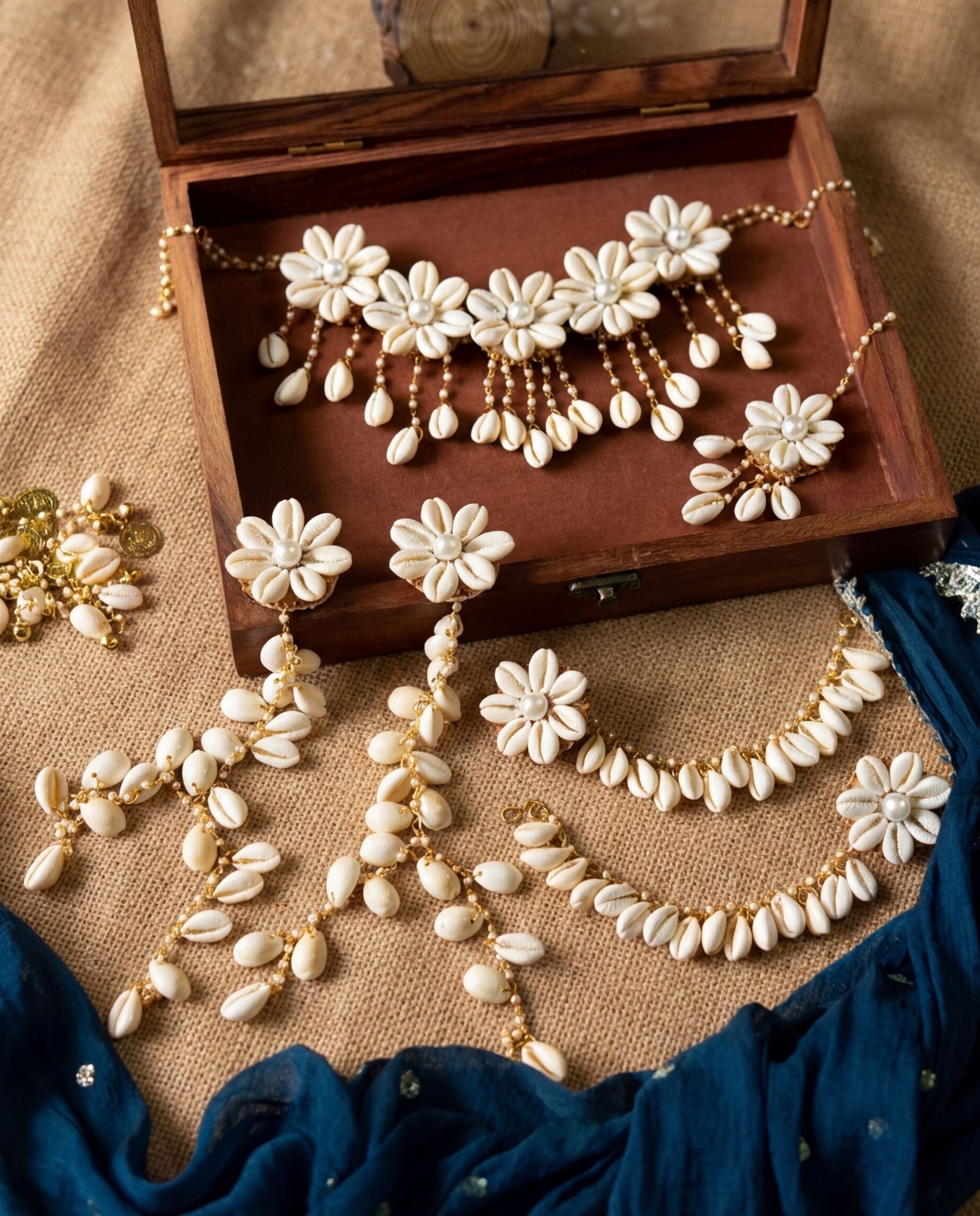 Bridal Splendour: Haldi Mehndi Shell Jewelry Set with Floral Design