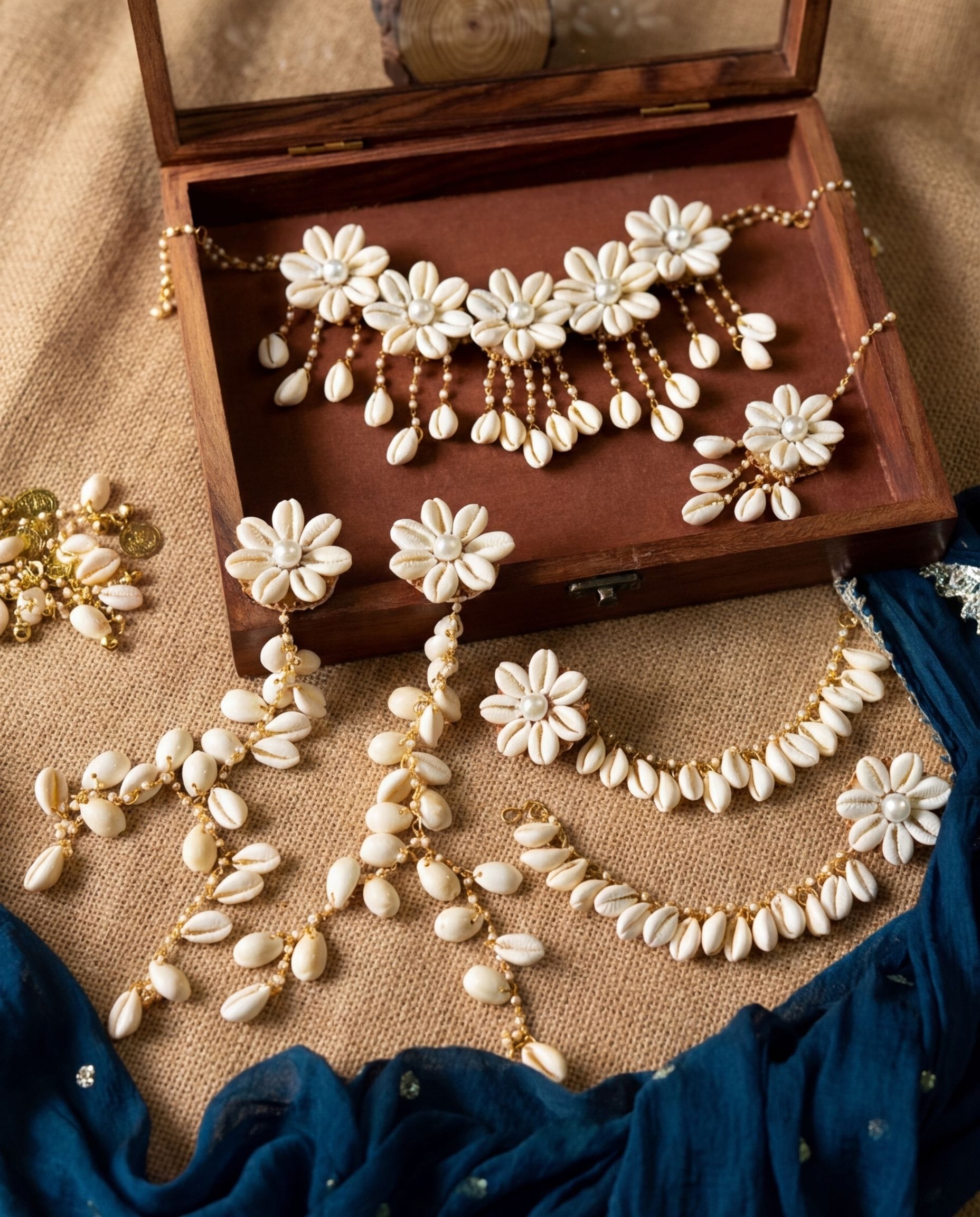 Bridal Splendour: Haldi Mehndi Shell Jewelry Set with Floral Design