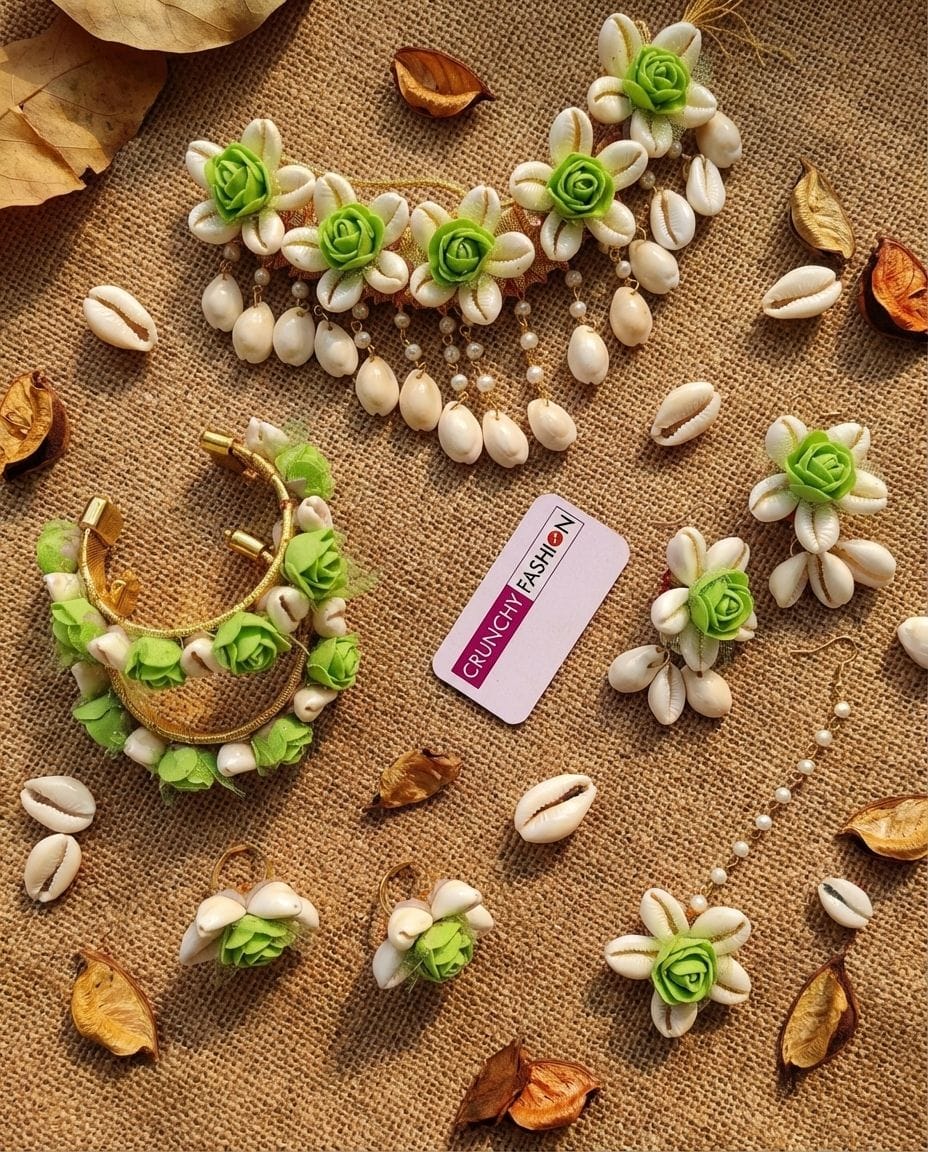 Lime Floral Cowrie Shell Bridal Jewellery Set for Mehendi