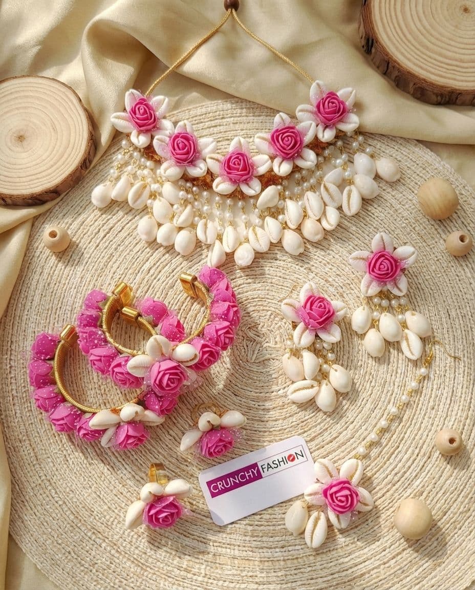 Pink Blossom & Cowrie Shell Haldi Bridal Jewelry Set for Fashionistas