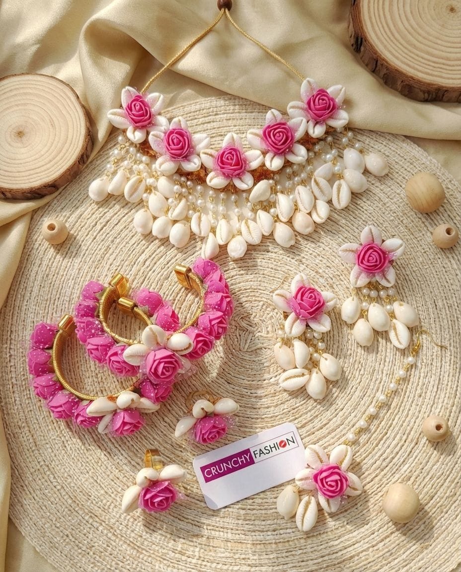 Pink Blossom & Cowrie Shell Haldi Bridal Jewelry Set for Fashionistas