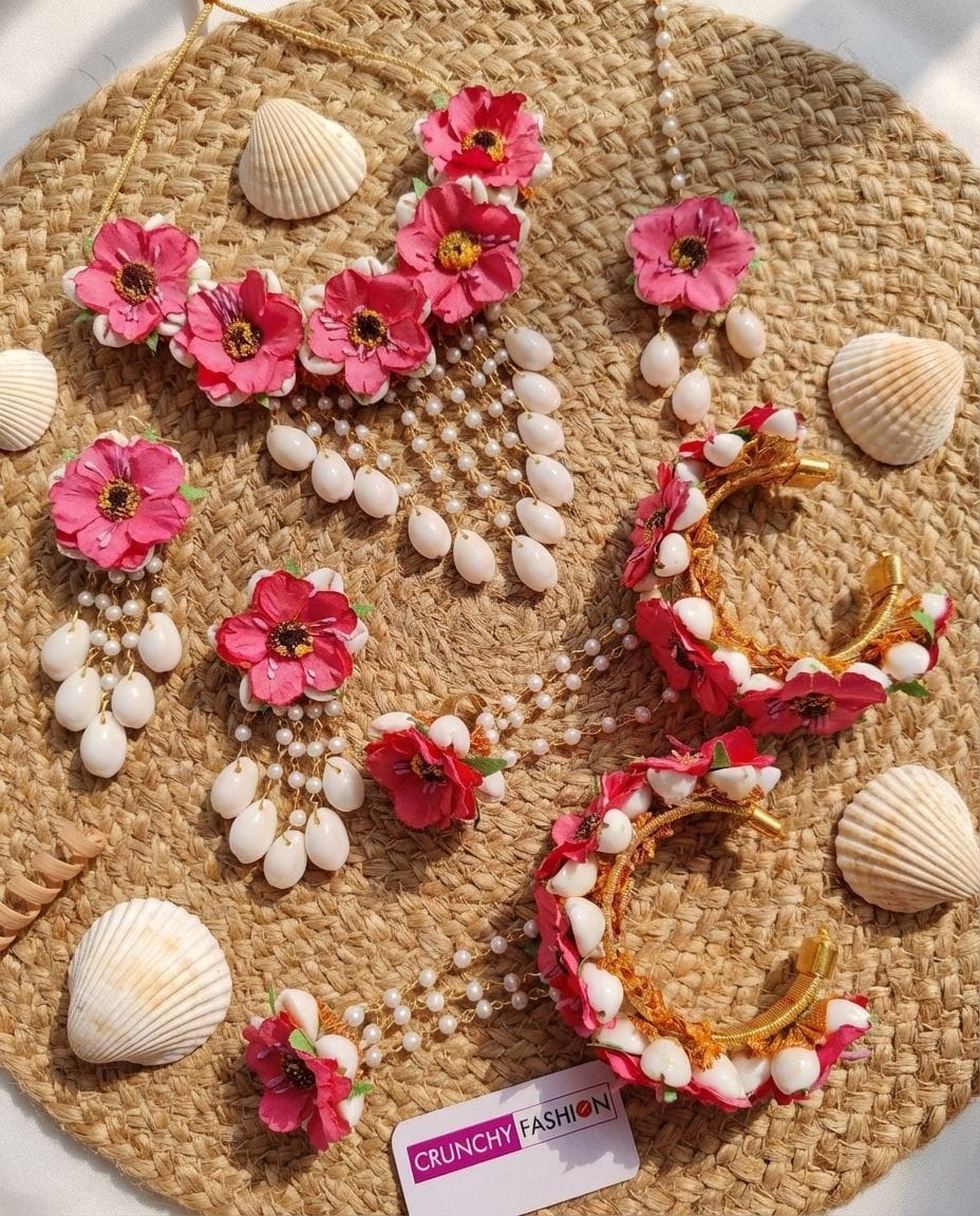 Pink Floral: Handcrafted Cowrie Shell Haldi Bridal Jewelry Set