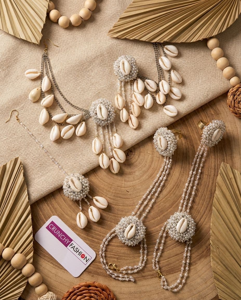 Silver Hue Handmade Pearl & Shell Floral Jewellery Set for Haldi-Mehndi