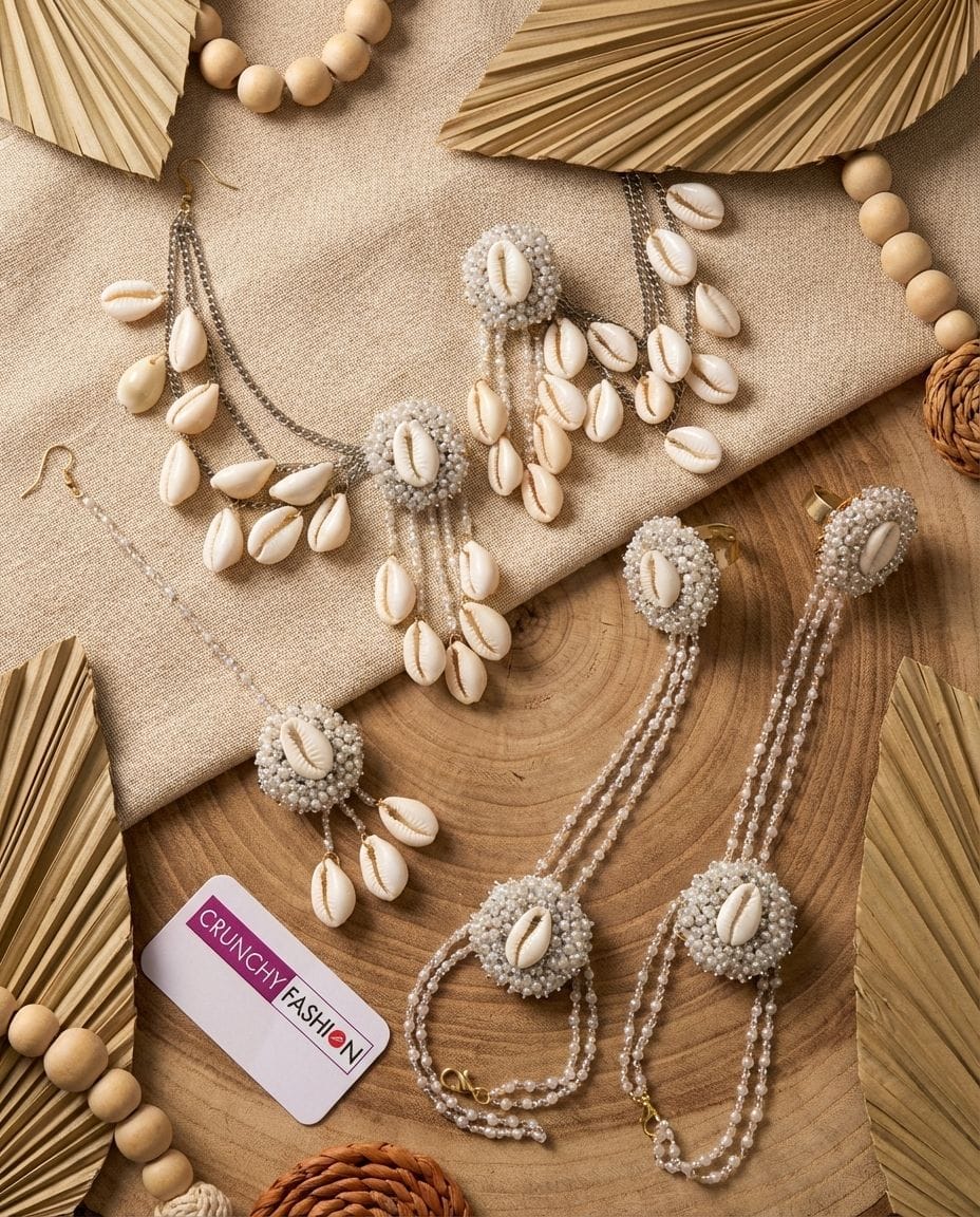Silver Hue Handmade Pearl & Shell Floral Jewellery Set for Haldi-Mehndi