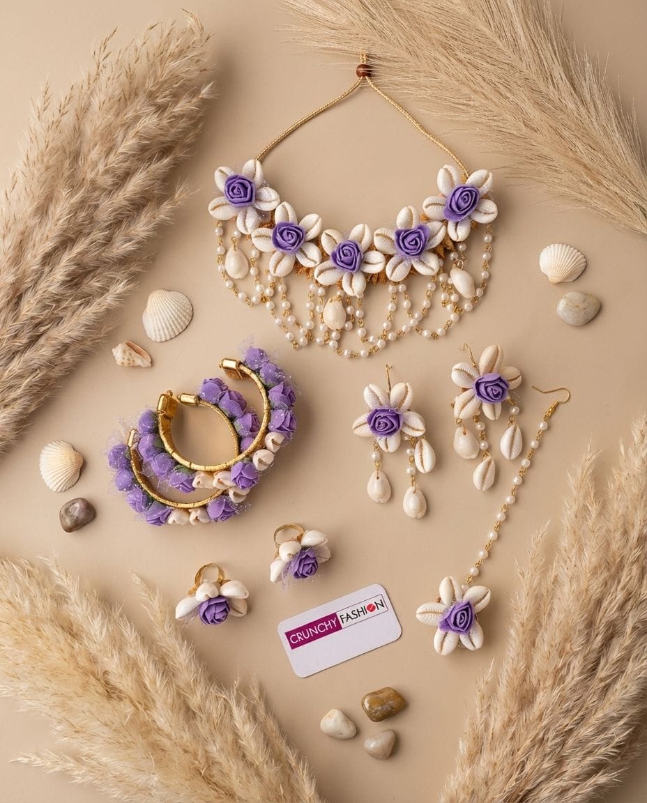 Lavender Bloom Sea Shell Jewelry Set for Chic Haldi Mehndi