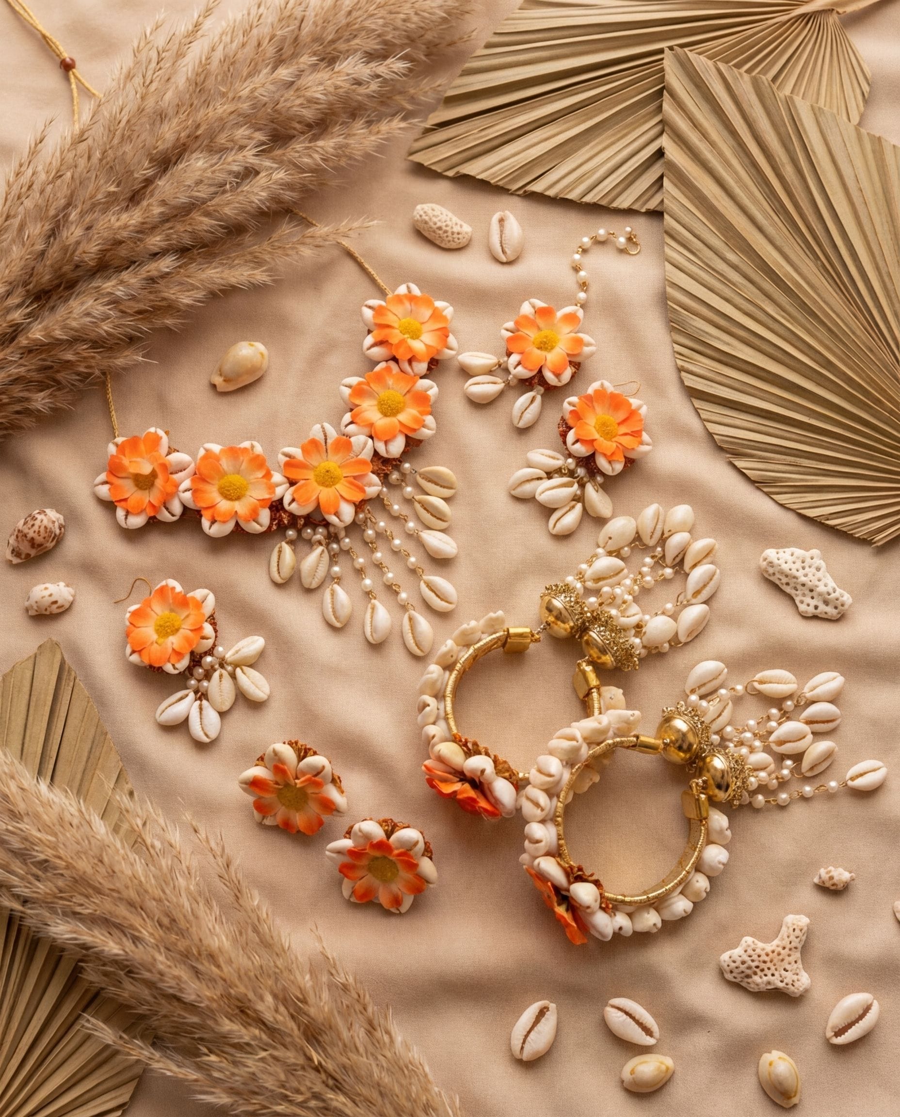 Bridal Orange Blossom Pearl-Decked Cowrie Shell Set for Haldi