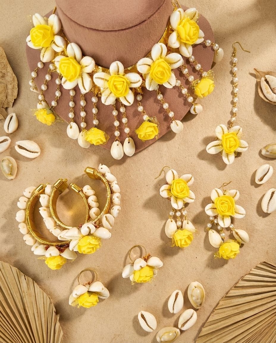 Bridal Bloom: Yellow Flower & Cowrie Shell Jewelry for Haldi