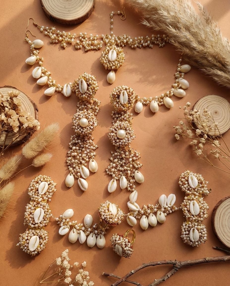 Pearl & Cowrie Shell Floral Haldi-Mehndi Jewelry Set for Timeless Occasions