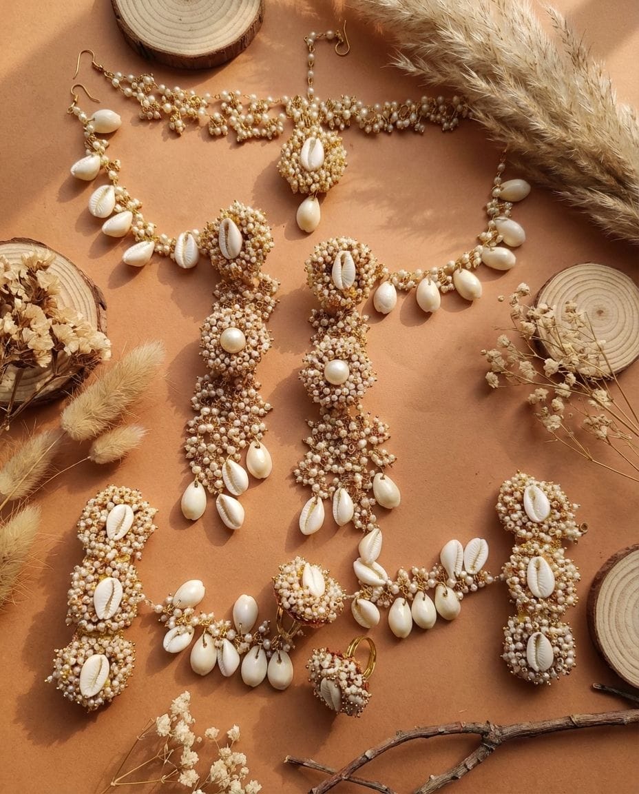 Pearl & Cowrie Shell Floral Haldi-Mehndi Jewelry Set for Timeless Occasions