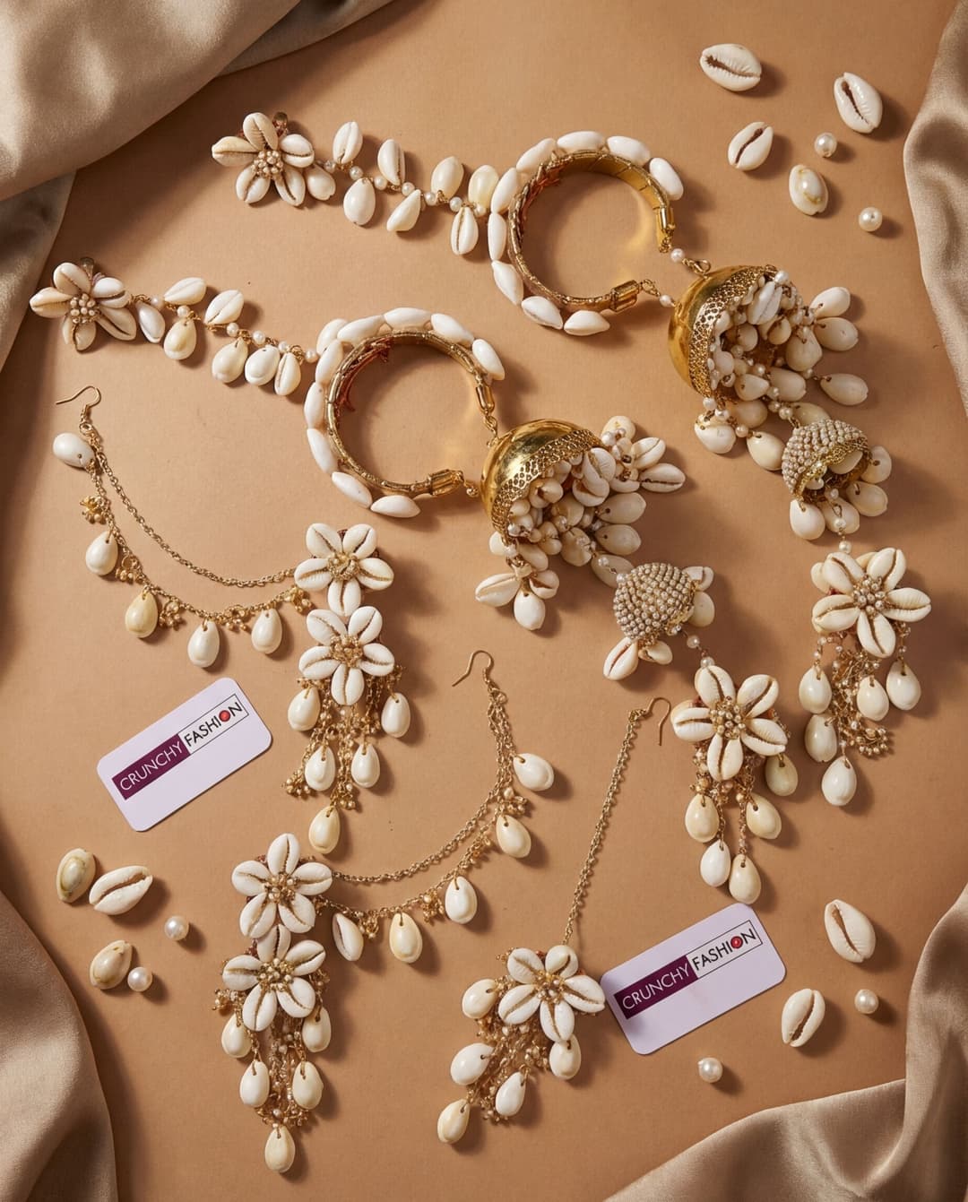 Glorious Haldi Mehndi Gold Plated Sea Shell Jewellery Set with Kaliras