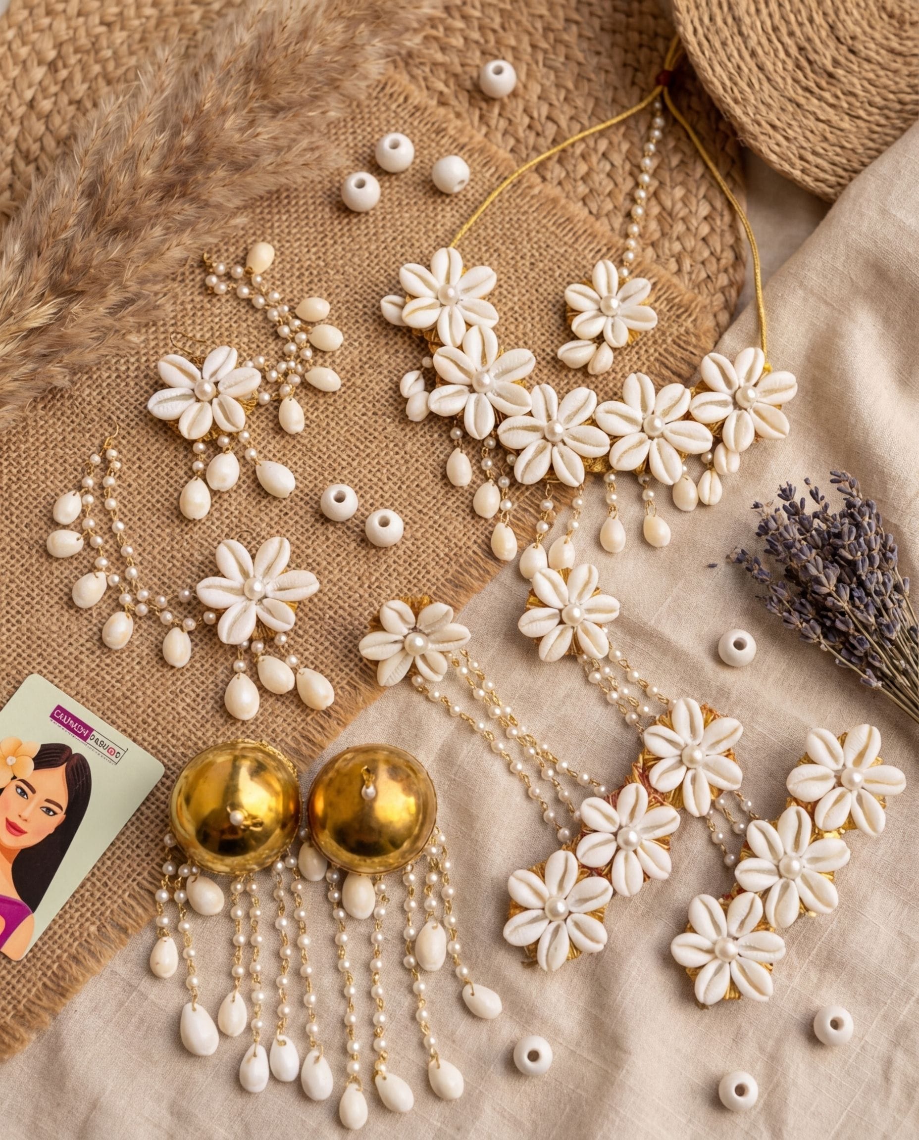 White Blooms Seashell Bridal Haldi-Mehndi Jewellery Ensemble