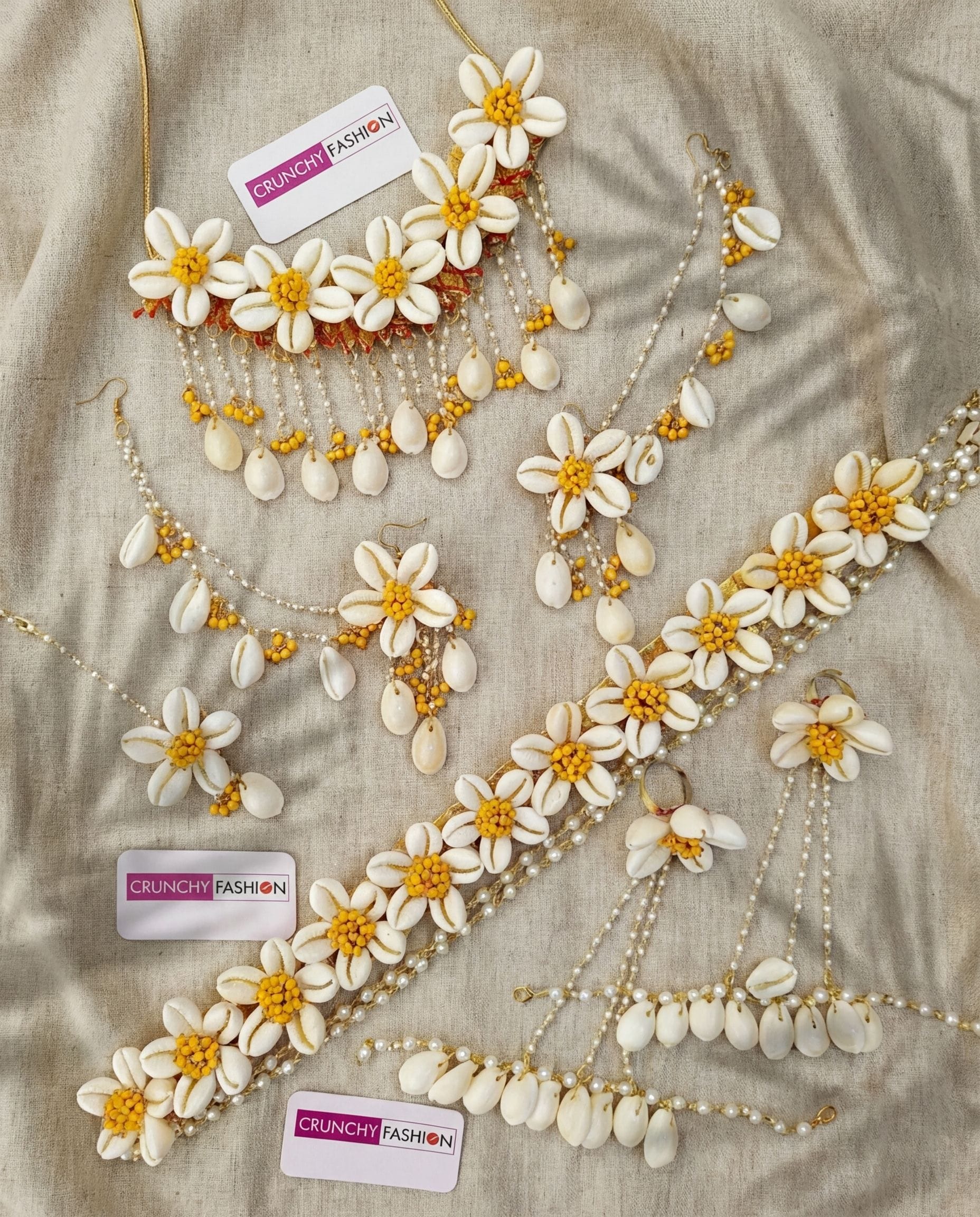 Yellow Pearl & Cowrie Shell Haldi Jewelry Set w/ Gold Plating