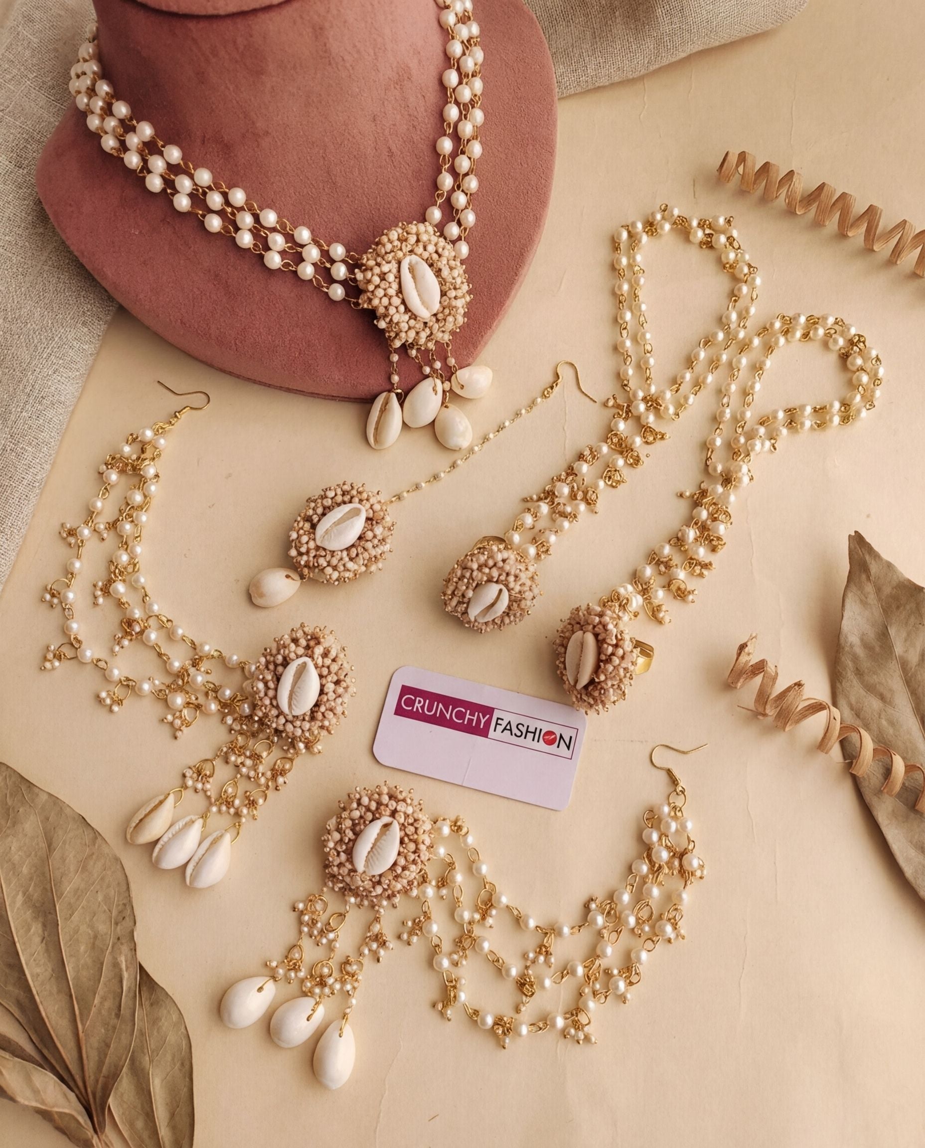 Nature White Cowrie Shell Jewelry Set for Haldi-Mehndi Festival
