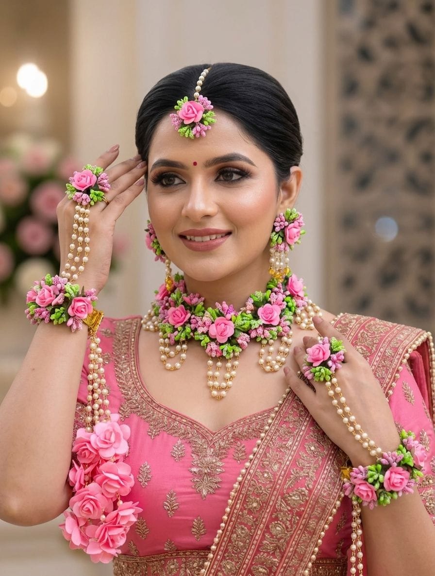 Pink-Green Multicolor Flower Bridal Jewellery Set with Kaliras for Haldi and Mehandi