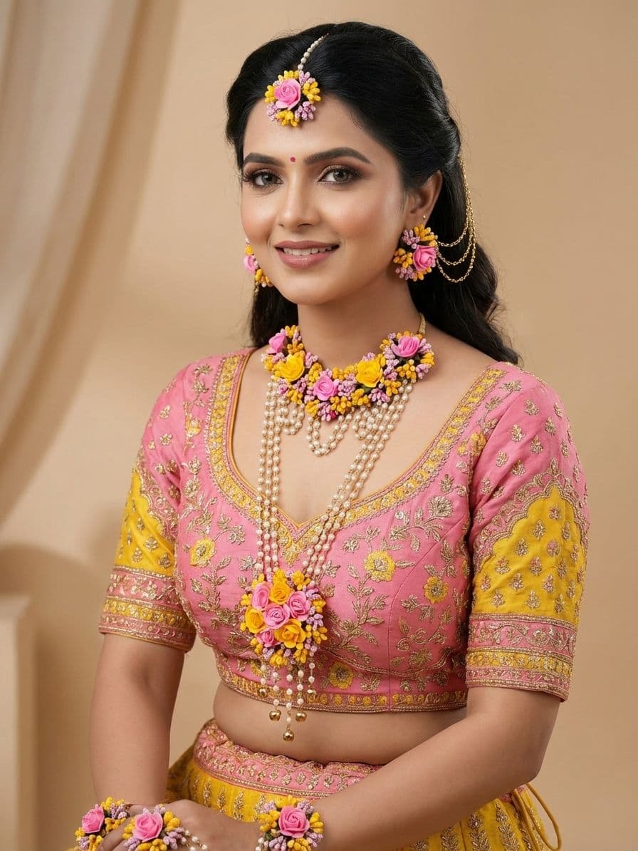 Yellow-Pink Flower Jewellery Set for Haldi, Baby Shower