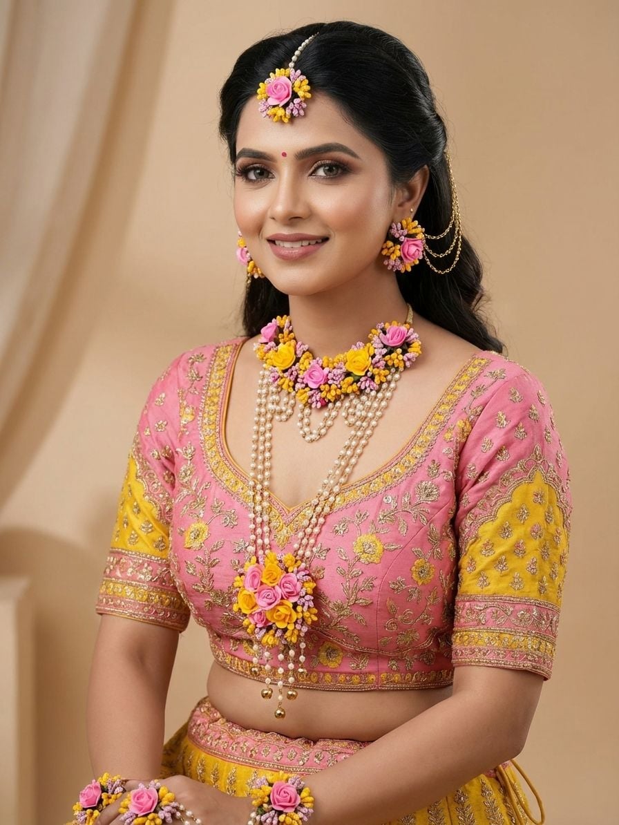 Yellow-Pink Flower Jewellery Set for Haldi, Baby Shower