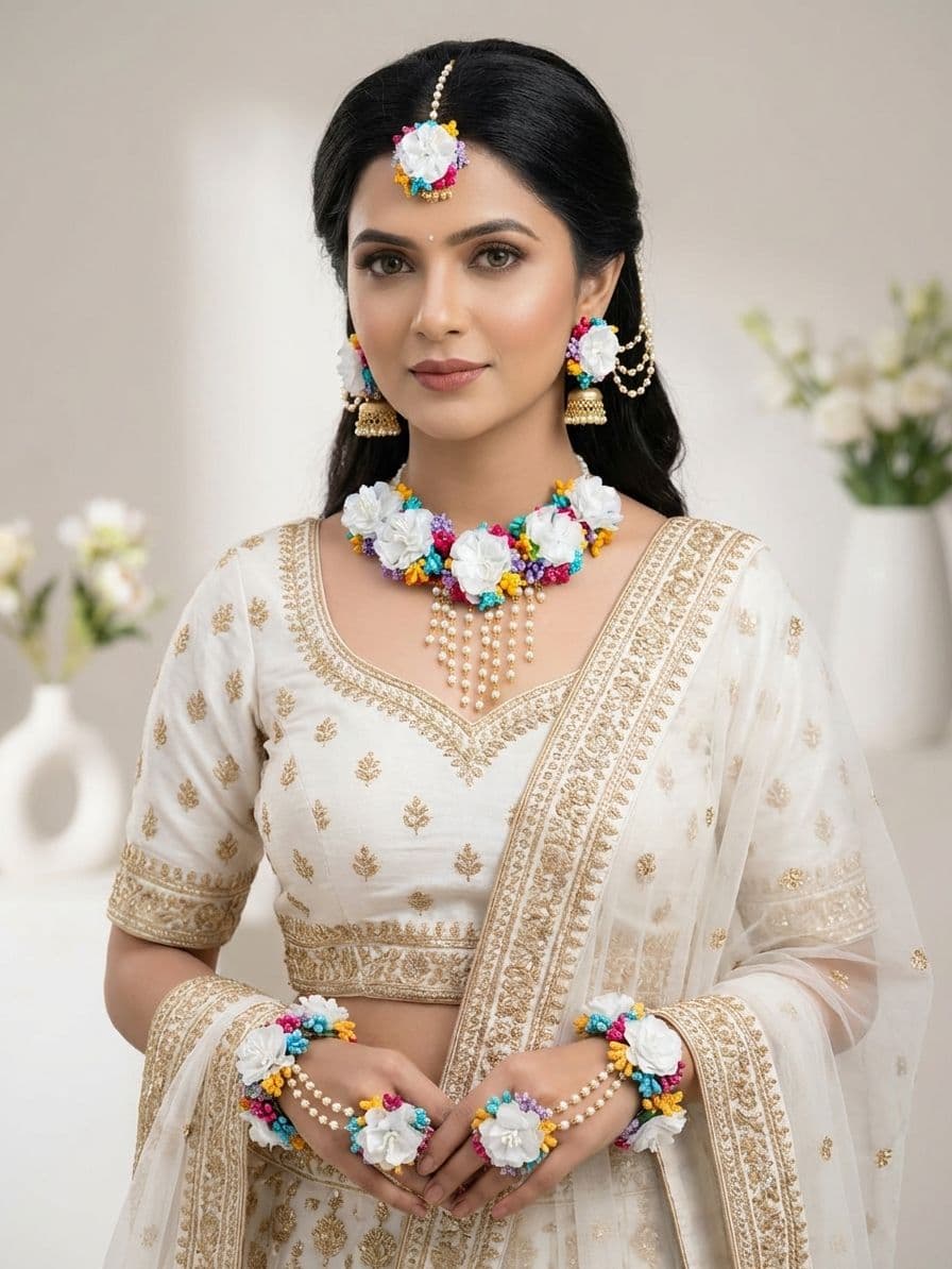 White Floral Haldi and Mehndi Jewelry Set for Women