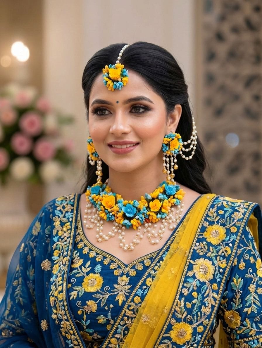 Brides Handicraft Haldi Jewellery Set in Vibrant Yellow and Aqua