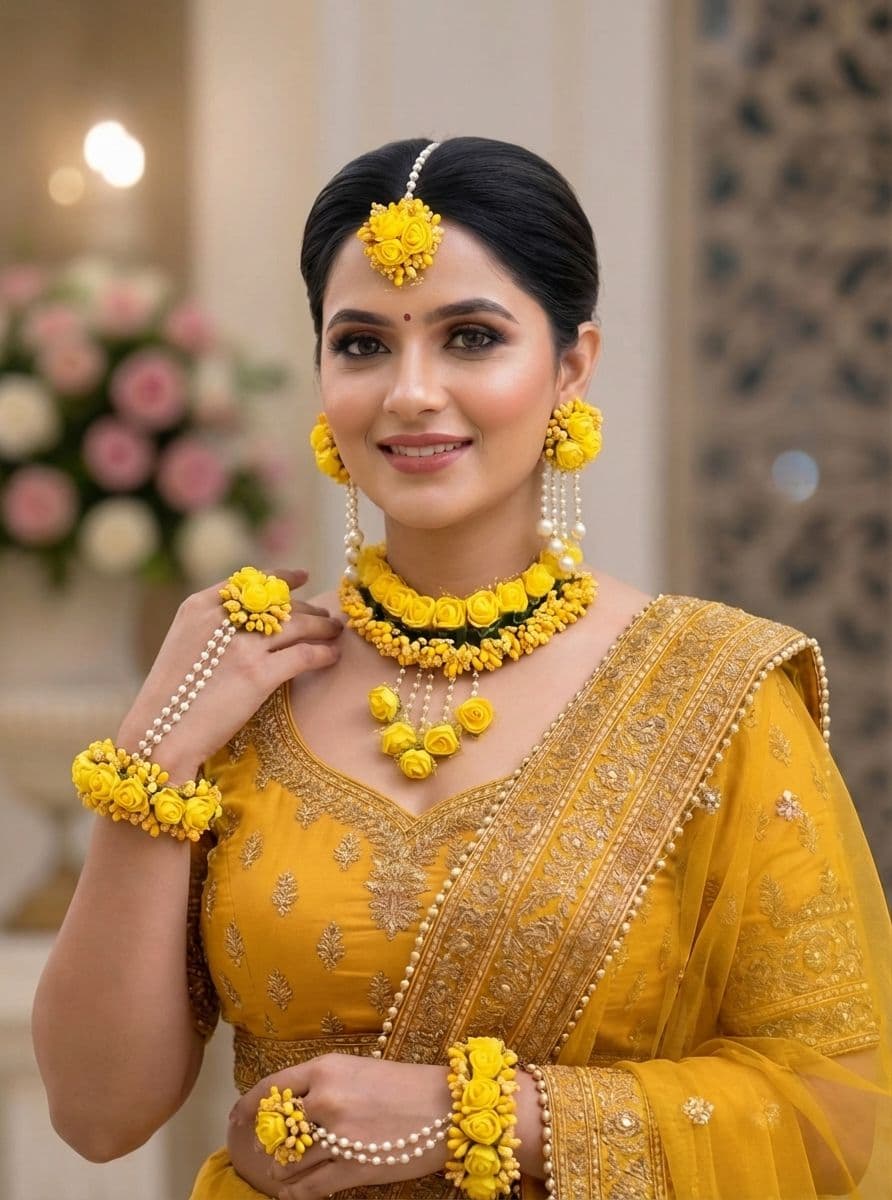 Floral Charms: Handmade Yellow Flower Jewelry Set for Haldi