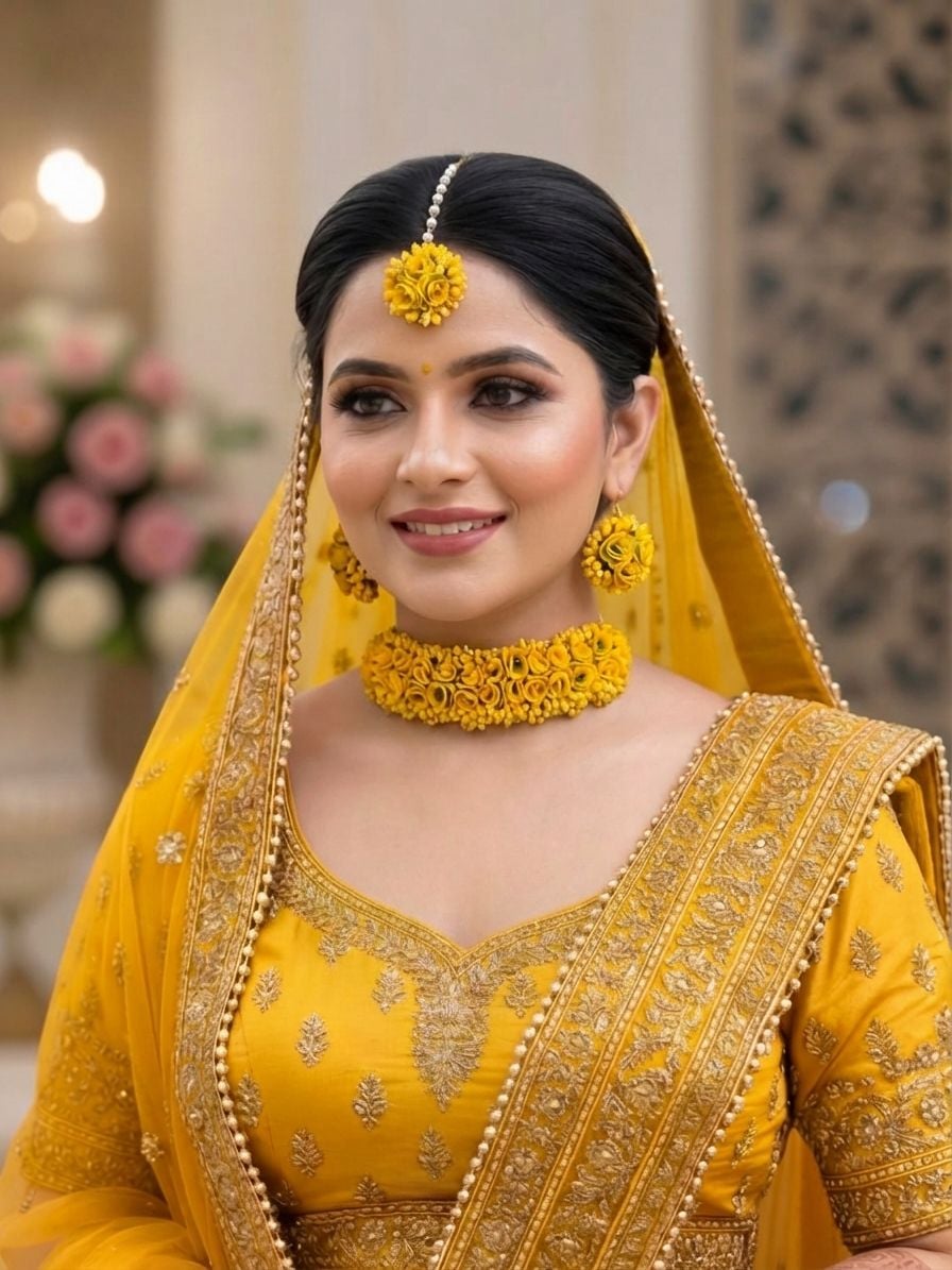 Blooming Yellow Floral Handicraft Jewellery Set for Haldi Celebrations