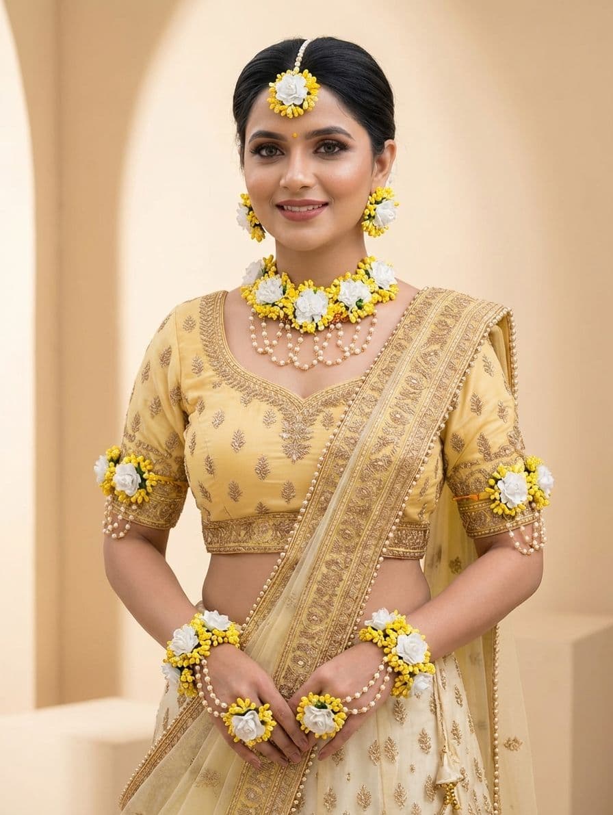Traditional Flower Themed Yellow & Pink Haldi Bridal Jewellery Set