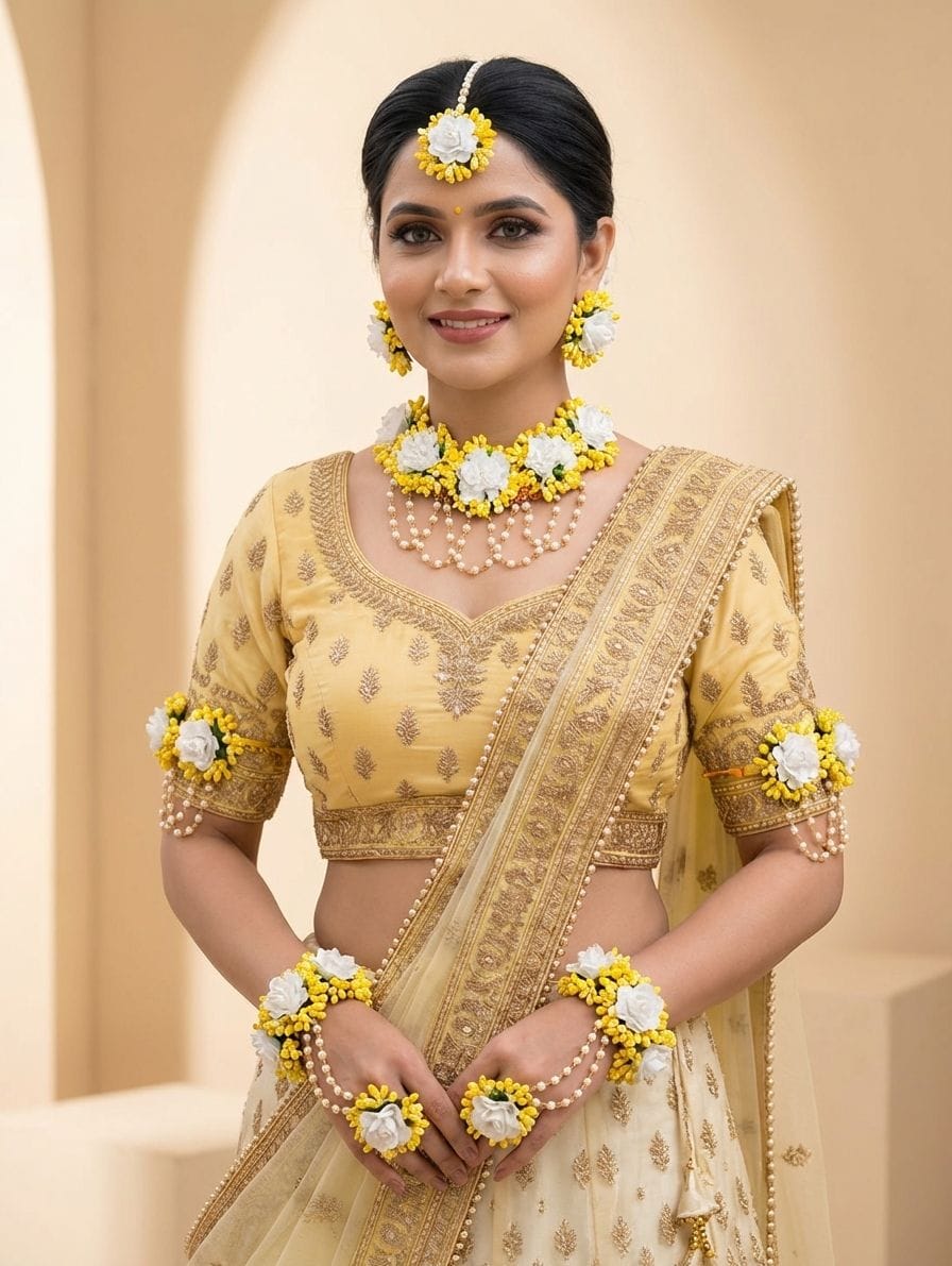 Traditional Flower Themed Yellow & Pink Haldi Bridal Jewellery Set