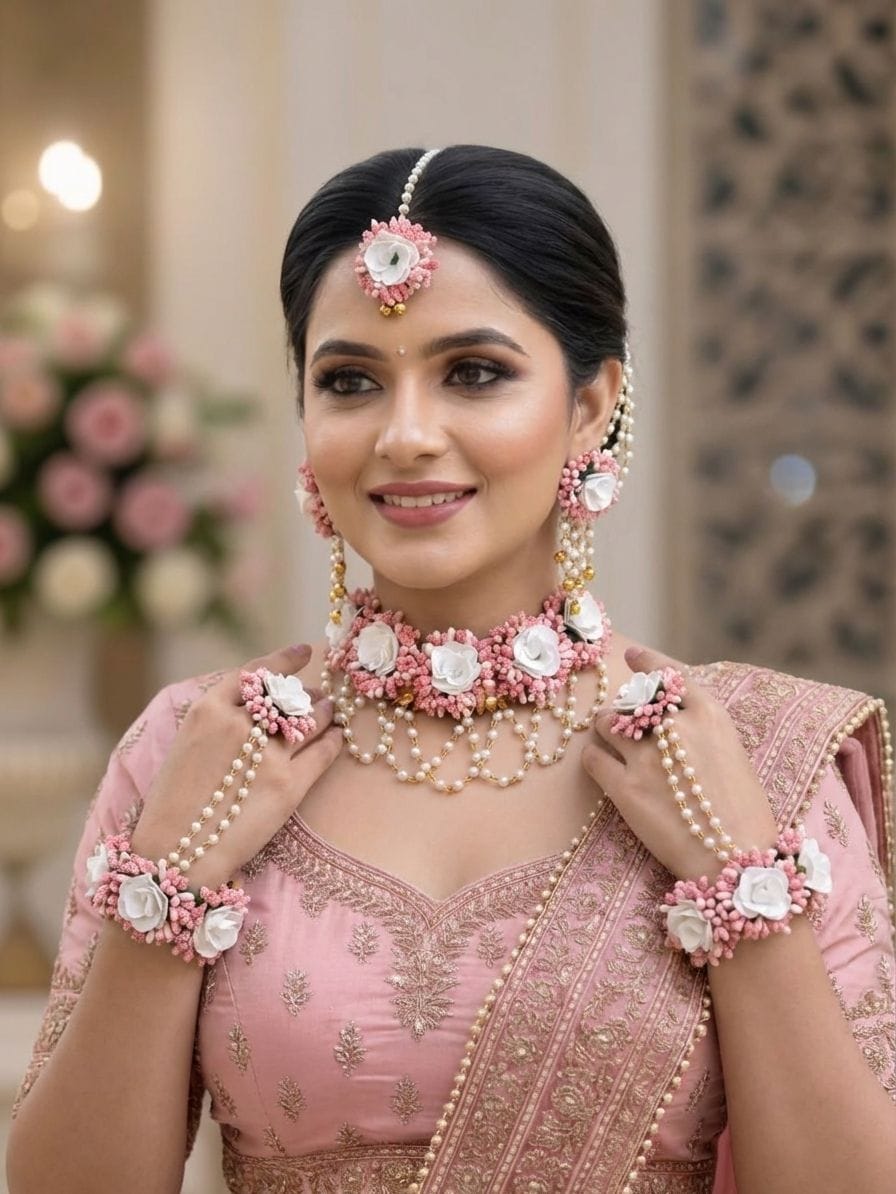 HANDICRAFT Blossom Bliss: Peach-Themed Bridal Haldi Jewellery Set Perfect for Wedding Occasions